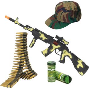 Soldaten/militairen camouflage geweer 59 cm met kogelriem, pet en camouflage schminkstift volwassene - Verkleedattributen
