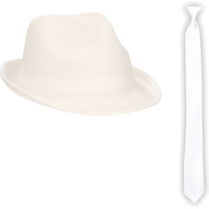 Carnaval verkleed set - hoedje en stropdas - wit - volwassenen - Verkleedhoofddeksels