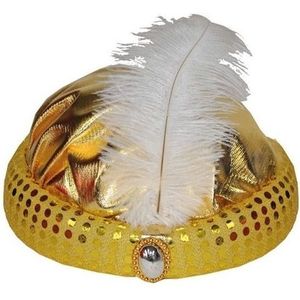 Goud Arabisch Sultan verkleed hoedje met diamant en veer - Verkleedhoofddeksels