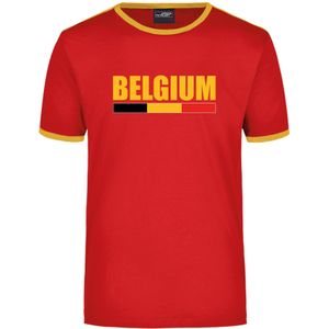 Belgium supporter rood / geel ringer t-shirt Belgie met vlag voor heren - Feestshirts