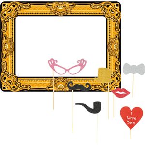 Bruiloft foto prop set met frame - 7-delig - glitter - vrijgezellenfeest - photo booth accessoires - Fotoprops