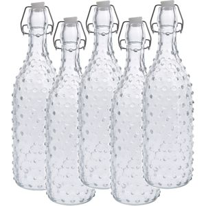 5x Glazen flessen transparant stippen met beugeldop 1000 ml - Drinkflessen