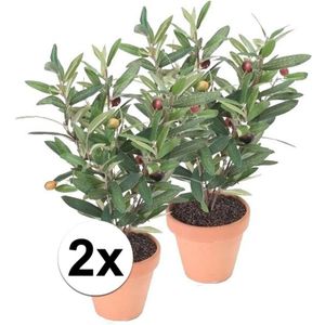 2x Kunstplant Olijfboomje Groen In Pot 35 Cm- Kamerplant Groen Olijfboom