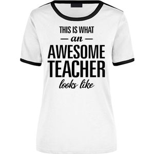 This is what an awesome teacher looks like wit/zwart ringer cadeau t-shirt voor dames - Feestshirts