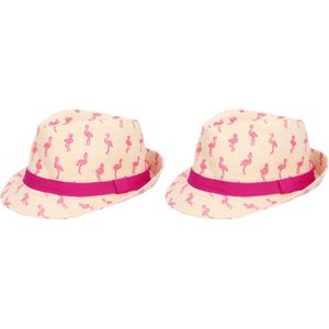 Verkleed hoedje voor Tropical Hawaii party - 2x - Roze flamingo print - volwassenen - Carnaval - Verkleedhoofddeksels