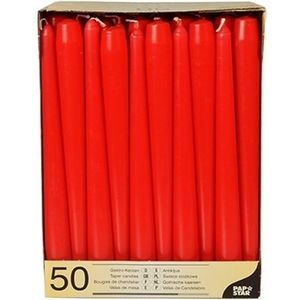 50x stuks Voordeelverpakking dinerkaarsen rood - 25 cm - 7 branduren