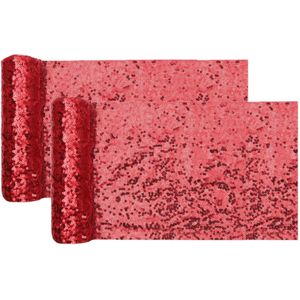 Santex Kerstdiner glitter tafelloper op rol - 2x - rood pailletten - 30 x 300 cm - polyester