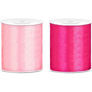 2x rollen hobby decoratie satijnlint licht roze-fuchsia roze 10 cm x 25 meter - Cadeaulinten