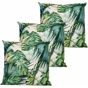 Buitenkussen monstera - 3x - wit/groen - 60 x 60 cm - Water en UV bestendig - tuinstoelkussens