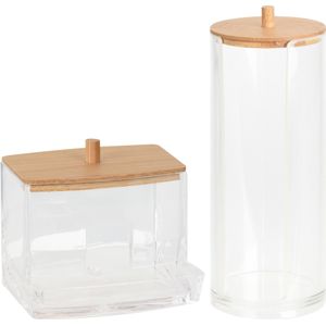 Wattenschijfjes en wattenstaafjes houder - kunststof - bamboe - watten dispenser - Opbergbox