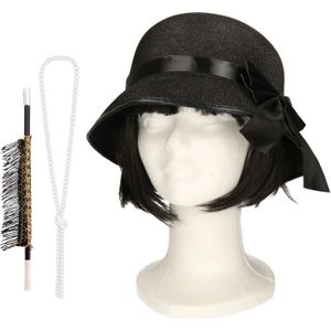 Carnaval verkleed accessoire set - sigarettenhouder/parelketting/hoed - charleston/jaren 20 stijl - Verkleedattributen