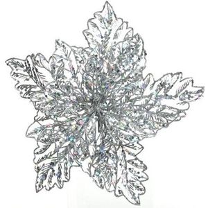 1x Kerstbloem versiering zilveren glitter kerstster/poinsettia op clip 23 x 10 cm - Kersthangers