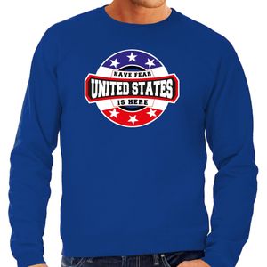 Have fear United States is here / Amerika supporter sweater blauw voor heren - Feesttruien