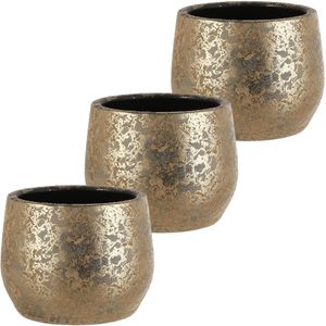 Mica Decorations Bloempot - Set van 3x stuks - goudkleurig - keramiek - 19 x 15 cm - Plantenpotten