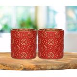2x stuks luxe theelichthouder/kaarsenhouder - rood/goud - glas - D7 x H8 cm - Windlichten