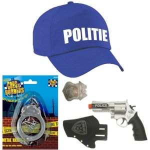Politie verkleed cap/pet blauw met pistool/holster/badge/handboeien voor kinderen - Verkleedhoofddeksels