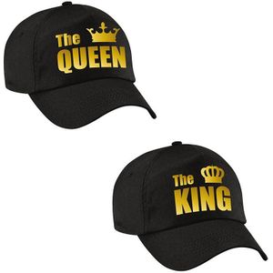 The King / The Queen petten zwart met gouden kroon voor koppels - Verkleedhoofddeksels