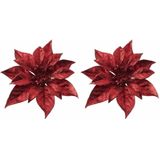 10x stuks Kerstboomversiering bloem op clip rode kerstster 18 cm - kerstfiguren - rode kerstversieringen