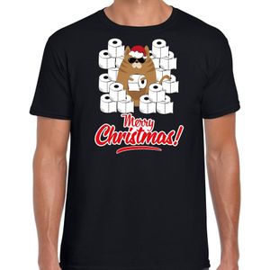 Fout Kerst t-shirt / outfit met hamsterende kat Merry Christmas zwart voor heren - kerst t-shirts