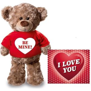 Knuffel teddybeer 24 cm met rood shirt Be mine hartje - met Valentijnskaart A5 - Valentijn/ romantisch cadeau