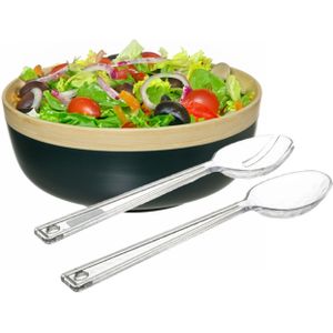 Secret de Gourmet Slakom/schaal met slacouvert - Bamboe - D30 cm - petrol blauw - Saladeschalen