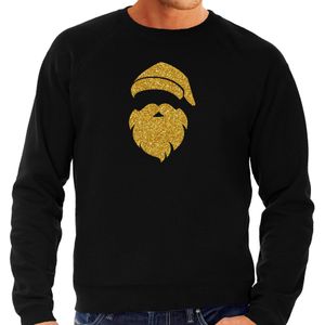 Kerstman hoofd Kerst sweater / trui zwart voor heren met gouden glitter bedrukking - kerst truien