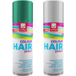 Carnaval verkleed hoofdhaar verf/spuitspray - wit en groen - spuitbussen - 125 ml p/st - Verkleedhaarkleuring