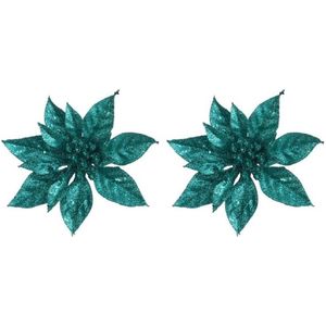 4x Kerstbloemen versiering emerald groene glitter kerstster/poinsettia op clip 15 cm - Kersthangers