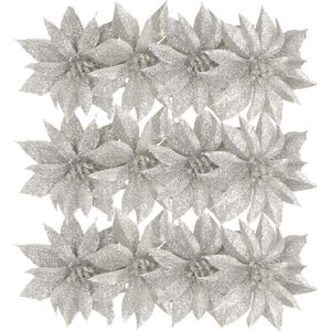 Kerstboom bloemen op clip - 9,5 cm - 12x stuks - glitter zilver - kunststof