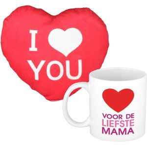 Voor de liefste mama mok/beker 300 ml incl. sierkussentje hart vorm 15 cm - feest mokken
