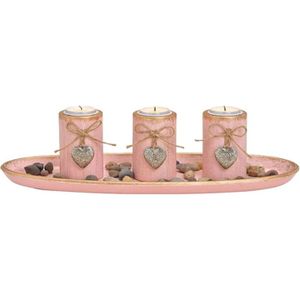 Houten schaal roze met 3 waxinelicht/theelicht houders met hartjes - Waxinelichtjeshouders