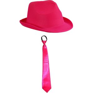 Carnaval verkleed set - hoedje en stropdas - roze - volwassenen - Verkleedhoofddeksels