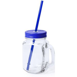 1x stuks glazen Mason Jar drinkbekers blauwe dop/rietje 500 ml - Drinkbekers