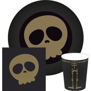 Halloween/horror doodshoofd/schedel bordjes/servetten/bekertjes - 52x - zwart - papier - Feestbordjes
