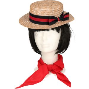 Verkleed set Lou Bandy Gondolier hoedje - beige - met rode hals zakdoek - voor volwassenen - Verkleedhoofddeksels