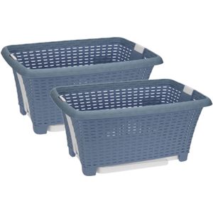 2x stuks kunststof wasmand op poten blauw 38 liter 60 x 40 cm  - Wasmanden