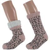 Dames anti-slip fleece huissokken/slofsokken luipaard print roze one size - Huissokken