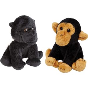 Apen serie zachte pluche knuffels 2x stuks - Gorilla en Chimpansee aap van 15 cm - Knuffel bosdieren
