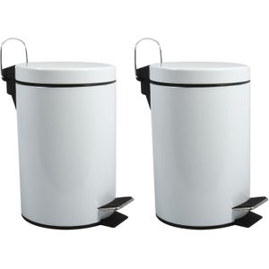 MSV Prullenbak/pedaalemmer - 2x - metaal - wit - 3 liter - 17 x 25 cm - Badkamer/toilet
