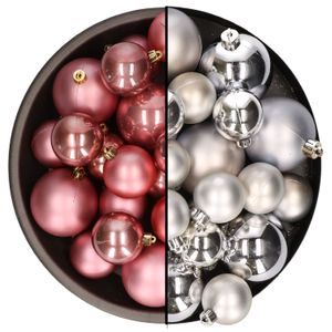 Kerstversiering kunststof kerstballen mix oud roze/zilver 6-8-10 cm pakket van 44x stuks - Kerstbal