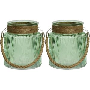 Lumineo Windlichten/Lantaarns Relief - 2x - Glas - D14 X H16 cm - Groen