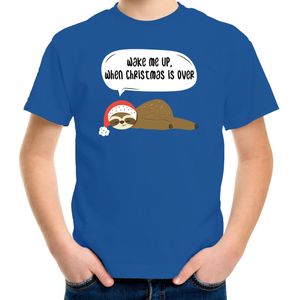 Luiaard Kerst t-shirt / outfit Wake me up when christmas is over blauw voor kinderen - kerst t-shirts kind