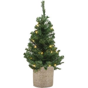 Kunstboom/kunst kerstboom groen 60 cm met verlichting en naturel jute pot  - Kunstkerstboom