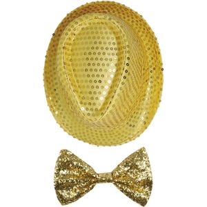 Carnaval verkleed set compleet - hoedje en vlinderstrikje - goud - heren/dames - glimmend - Verkleedattributen
