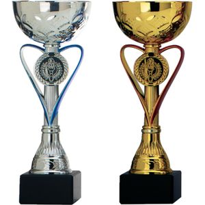 Luxe trofee/prijs beker - zilver/blauw hart - goud/rood hart - metaal - 20 x 8 cm - Fopartikelen