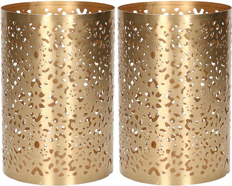 Waxinelichtjeshouders - 2 stuks - D10 x H15 cm - metaal - goud