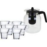 Glazen theepot met filter/infuser van 1,5 liter met 6x stuks theeglazen van 220 ml - Theepotten