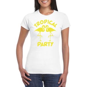 Tropical party T-shirt voor dames - met glitters - wit/geel - carnaval/themafeest - Feestshirts