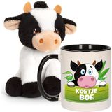 Cadeauset kind - Koeien knuffel 12 cm en Drinkbeker/mok Koe 300 ml - Knuffel boederijdieren