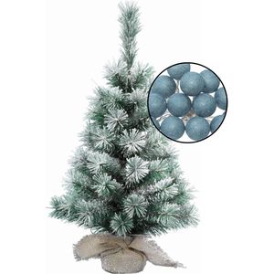 Klein kunst kerstboompje besneeuwd -incl. verlichting bollen blauw - H60 cm - Kunstkerstboom